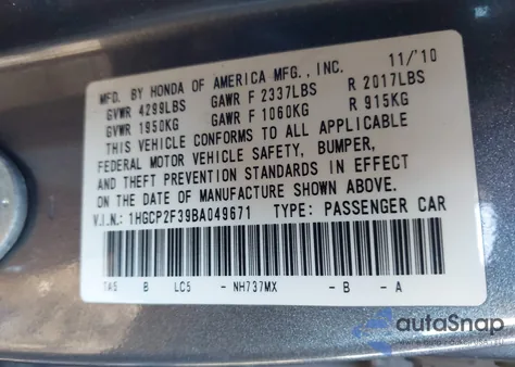 2011 Honda Accord 2.4 Lx from USA, damaged, VIN 1HGCP2F39BA049671